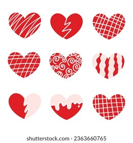 Hand drawn hearts. Design elements for Valentine's day. Hand drawn rough marker hearts isolated on white background. Set of unique hand drawn hearts. Painted design elements.