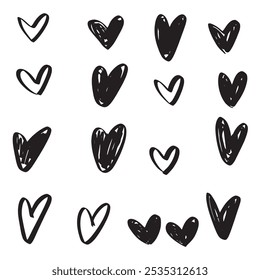 Hand drawn hearts. Design elements for Valentine's day. Hand drawn rough marker hearts isolated on white background. Set of unique hand drawn hearts. Painted design elements.