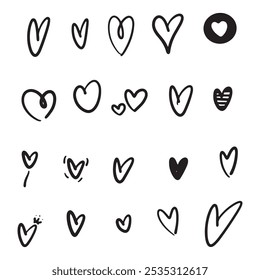 Hand drawn hearts. Design elements for Valentine's day. Hand drawn rough marker hearts isolated on white background. Set of unique hand drawn hearts. Painted design elements.