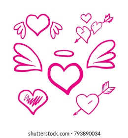 Hand drawn hearts. Design elements for Valentine's day. heart with wings in flight.