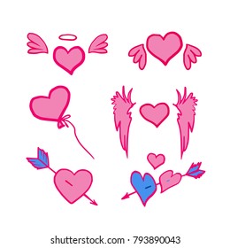 Hand drawn hearts. Design elements for Valentine's day. pink and red hearts with wings in flight. love stele sets
