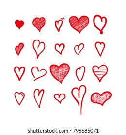 Hand drawn hearts. Design elements for Valentine's day or wedding. Red love symbols isolated on white. 
