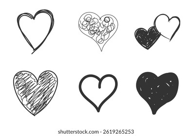 Corazones dibujados a mano en diferentes estilos con linda decoración de dibujos animados lápiz de tinta elemento de impresión de fondo conjunto de colores diseño romántico amor vintage hermosa ilustración de gradiente

