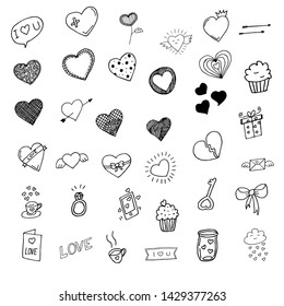 Hand drawn hearts doodle design elements, isolated hearts collection, vector illustration