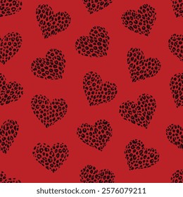 Hand drawn hearts doodle with leopard spots seamless pattern. Vector background illustration. For home decor, fashion, surface design