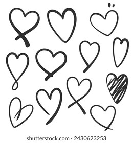 Hand drawn hearts in doodle style, collection. Vector illustration.