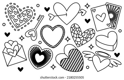 Hand drawn hearts doodles set vector