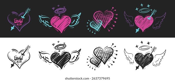 Hand Drawn Hearts Elements. Doodle Style Hearts Set Different drawings of hearts. Isolated on white and black background Isolated hearts illustrations Doodle vector design elements  for graphic design