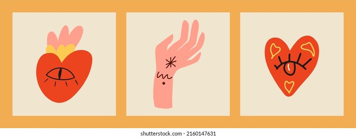 Hand drawn, hearts with eyes and a hand with a tattoo, a set of posters. Vector illustration, cartoon style, flat design. All elements are isolated. Square posters, logo templates.