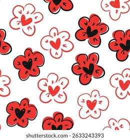 Hand drawn hearts flowers pattern seamless, trend in textiles, vector background ink floral fabric 