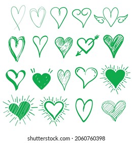 Hand Drawn hearts. Green pen Hearts Set. Doodle Style Different shapes and styles of hearts. Isolated on white background. Isolated hearts illustrations. Vector Design Elements  for graphic design.