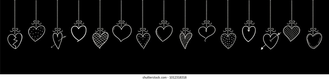 Hand drawn hearts hanging on a ribbon - panoramic banner. Valentine's Day, Mother's Day or Women's Day. Vector.