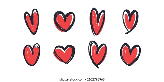 Handgezeichnete Herzen. Illustrationen zum Thema Herzsymbol. Valentinstag skizzierte Symbole.