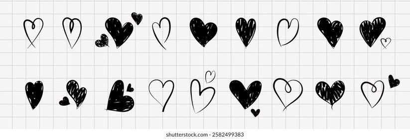 Hand drawn hearts. Heart line art set, hand drawn love symbols. Hand drawn heart doodles on white background for designs. Black heart icons set vector.