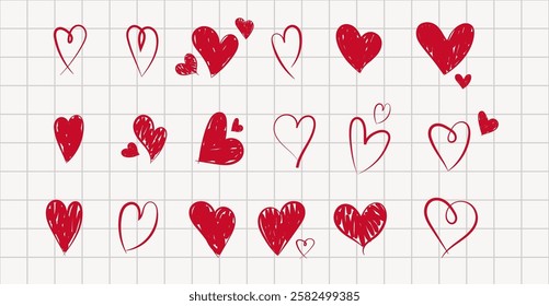 Hand drawn hearts. Heart line art set, hand drawn love symbols. Hand drawn heart doodles on white background for designs. Red heart icons set vector.