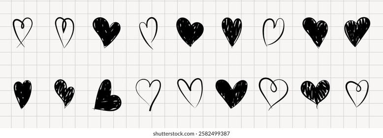 Hand drawn hearts. Heart line art set, hand drawn love symbols. Hand drawn heart doodles on white background for designs. Black heart icons set vector.