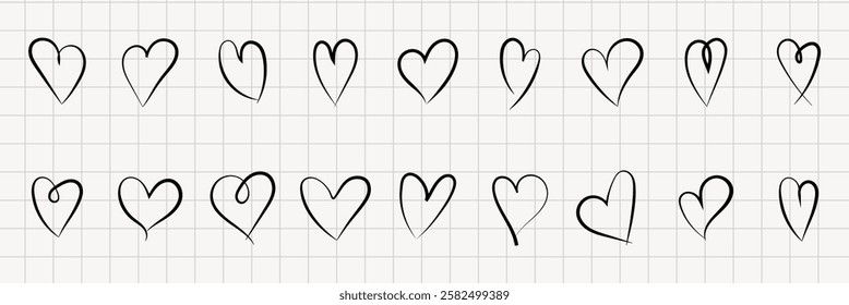 Hand drawn hearts. Heart line art set, hand drawn love symbols. Hand drawn heart doodles on white background for designs. Black heart icons set vector.