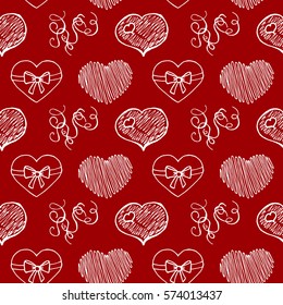 Hand Drawn Hearts. Ideal decoration pattern with doodles elements for your Holiday design: print, wallpaper, wrapping. Hand-Drawing sketch. Romantic background. Valentine's Day. Vector illustration.