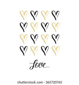 Hand drawn hearts with inscription LOVE vector illustration.