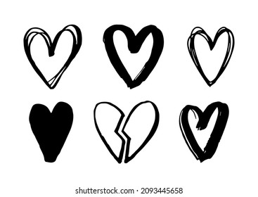 La mano dibujó corazones aislados en un fondo blanco. Grunge símbolo de amor para San Valentín, diseño de bodas y vacaciones. Cepíllate el corazón. Ilustración vector festiva