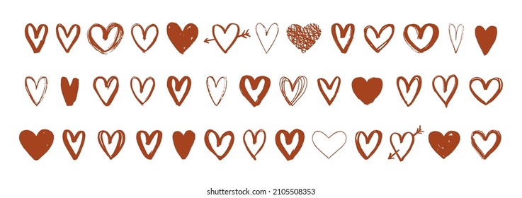 Hand drawn hearts isolated on white background. Grunge love symbol for Valentines Day, wedding design and holidays. Brush heart. Festive vector illustration