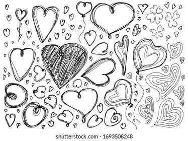 Hand drawn hearts isolated. Set of heart icon sketches, doodle love vector symbols, wedding scribble illustrations, handdrawn design elements for valentine day