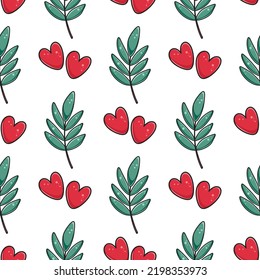 Hand Drawn Hearts And Leaves Seamless Pattern. Background With Cute Cozy Decorative Design Elements. Fall Print Vector Illustration. Autumn Template For Wallpaper, Textile, Packaging, Paper And Design