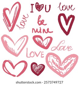 Hand drawn hearts with lettering for the Valentine's day as a symbol of love. Brush stroke textured art. Vector sketch illustration in vintage charcoal ink style. Wedding invitation design