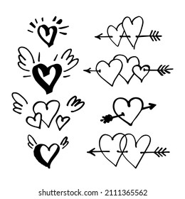 Hand drawn hearts with little wings and pierced with arrow. Symbol of love. Doodle style Valentine's day illustration. Vector.