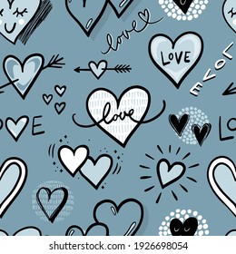 Hand drawn hearts and love signs romantic seamless pattern.  Isolated graphic monochrome vector repeat doodles on blue background.