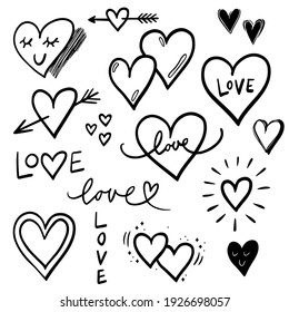 Hand drawn hearts and love signs romantic decor set. Bullet journal web visual note sketch elements. Isolated graphic monochrome vector doodles.