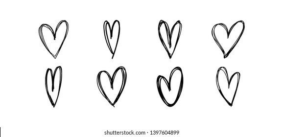 Hand drawn hearts. Hand drawn love symbol collection. Grunge illustrated heart set.