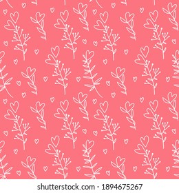 La mano dibujó corazones en blanco sin costura. Ilustración vectorial lineal floral.