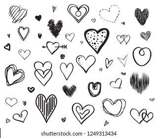 Hand drawn hearts on isolated white background. Set of love signs. Unique illustration for design. Line art creation. Black and white illustration. Elements for poster or flyer