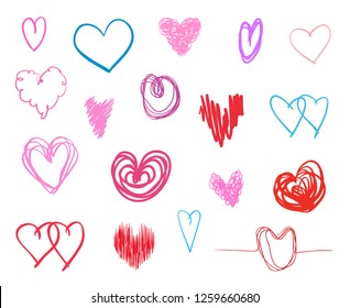 Hand drawn hearts on isolated white background. Set of love signs. Unique illustration for design. Line art creation. Colored illustration. Elements for poster or flyer