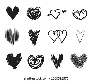 Hand drawn hearts on isolated white background. Set of love signs. Unique image for design. Line art creation. Black and white illustration. Elements for poster or flyer