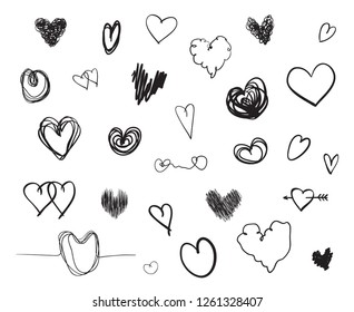 Hand drawn hearts on isolated white background. Set of love signs. Unique image for design. Line art creation. Black and white illustration. Elements for poster or flyer