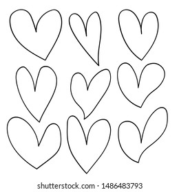 Hand drawn hearts on isolated white background. Set of love signs. Unique image for design. Black and white illustration. Elements for design - vector design
