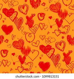 Hand drawn hearts on isolation background. Seamless texture. Line art. Love signs. Unique illustration for design. Line art creation