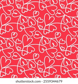 Hand drawn hearts on red background, seamless pattern. Vector.