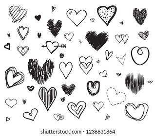 Hand drawn hearts on white background. Set of love signs. Unique illustration for design. Black and white illustration for banners, flyers or posters