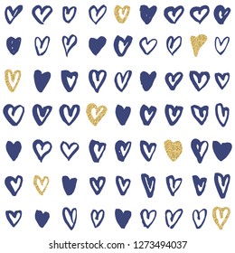 Hand drawn hearts on a white background. Golden glitter hearts. Valentine's day vector set. Seamless background.
