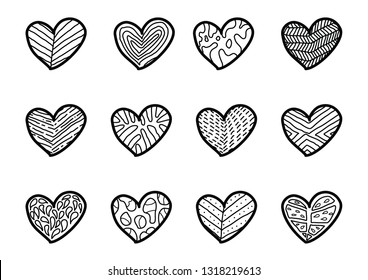 Hand drawn hearts on white background. Set of love signs. Doodle vector illustration for design