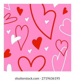 Corazones dibujados a mano sin patrón con contornos rojos y blancos en estilo Doodle minimalista sobre fondo romántico rosa.