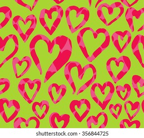 Hand Drawn hearts pattern. Seamless red hearts on green background.
