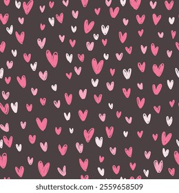 Hand drawn hearts in pink colors, seamless pattern. Vector illustration with hearts for wrapping paper, Wedding Day, Valentine's Day.