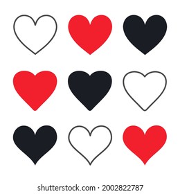 Hand drawn hearts postcard decoration. Black white red heart shapes valentine decor for love romantic templates vector illustration isolated on white background