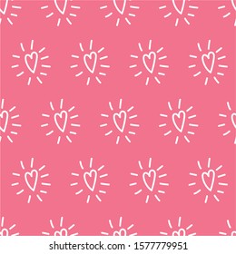 Hand drawn hearts with rays cheerful seamless pattern. Hearts and rays girlie pink background for textile texture, cover paper, books