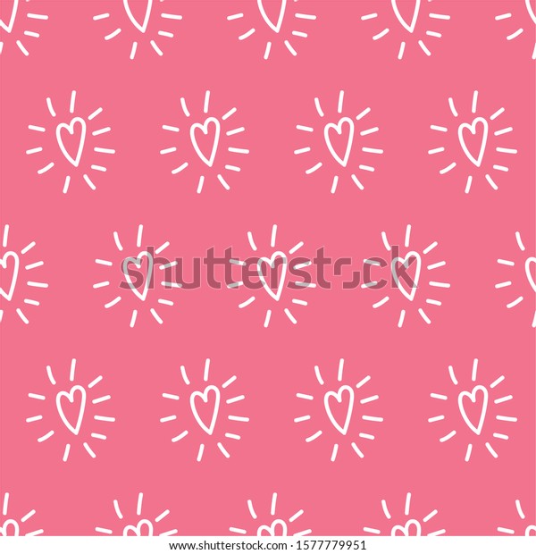 Hand drawn hearts with rays cheerful seamless\
pattern. Hearts and rays girlie pink background for textile\
texture, cover paper,\
books