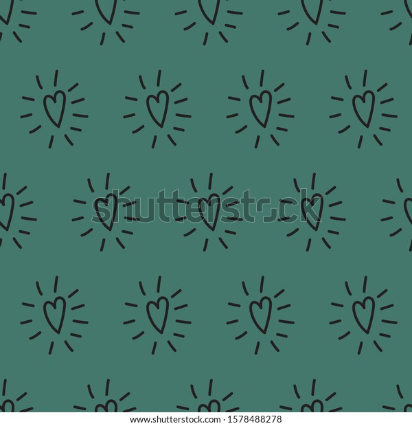 Hand drawn\
hearts with rays cheerful seamless pattern. Hearts and rays girlie\
black at green background for textile texture, cover paper, books,\
stickers, invitation concept\
design.